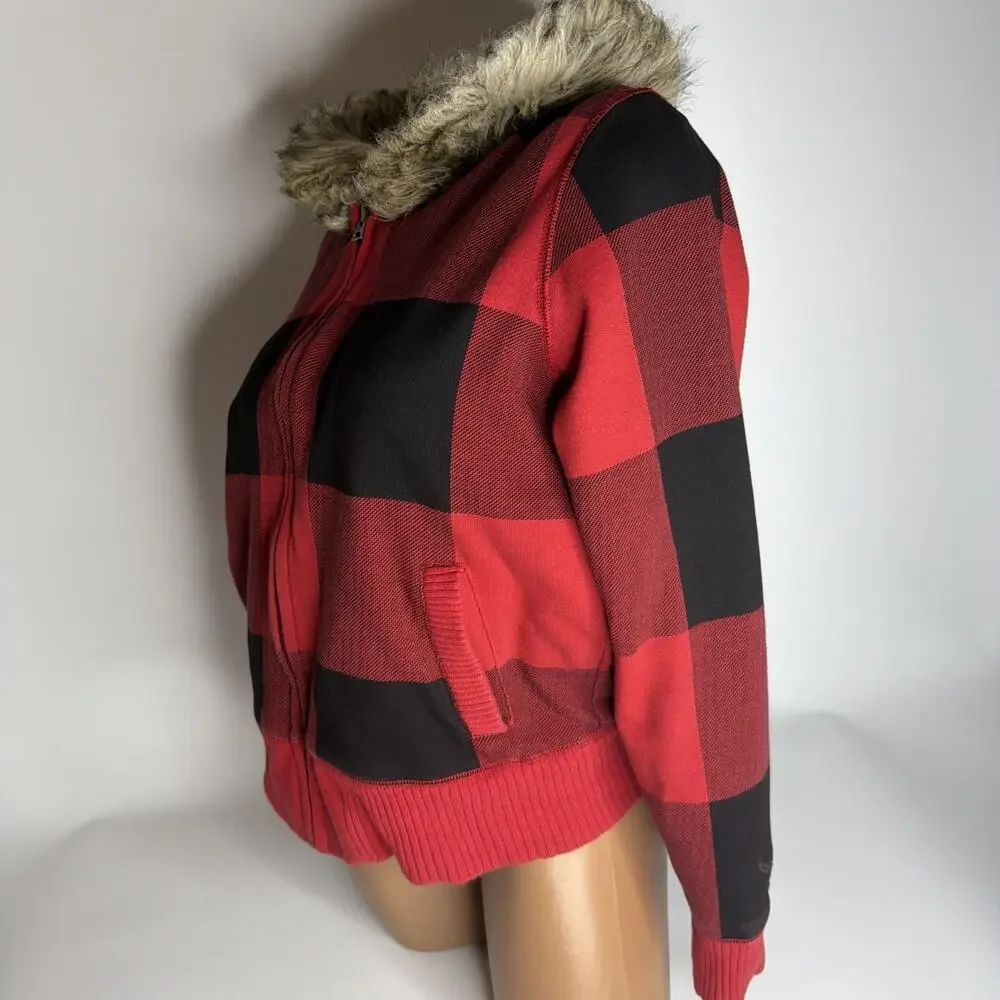 American Eagle Y2K Fur Fleece Lined Zip Up Hoodie Red Plaid Grunge Punk Size L - Picture 4 of 11